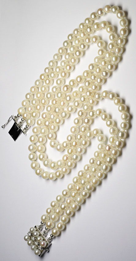 Foto 4 - 3 reihige Akoya Perlenkette Billanten-Perlen Verschluss, S4215